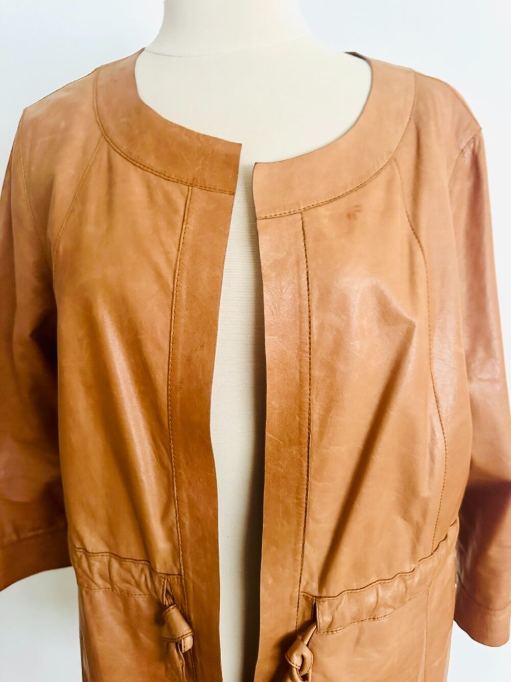 Lafayette 148 Drawstring Leather Jacket Tobacco Long 3/4 Sleeve Size 8 - Picture 3 of 8